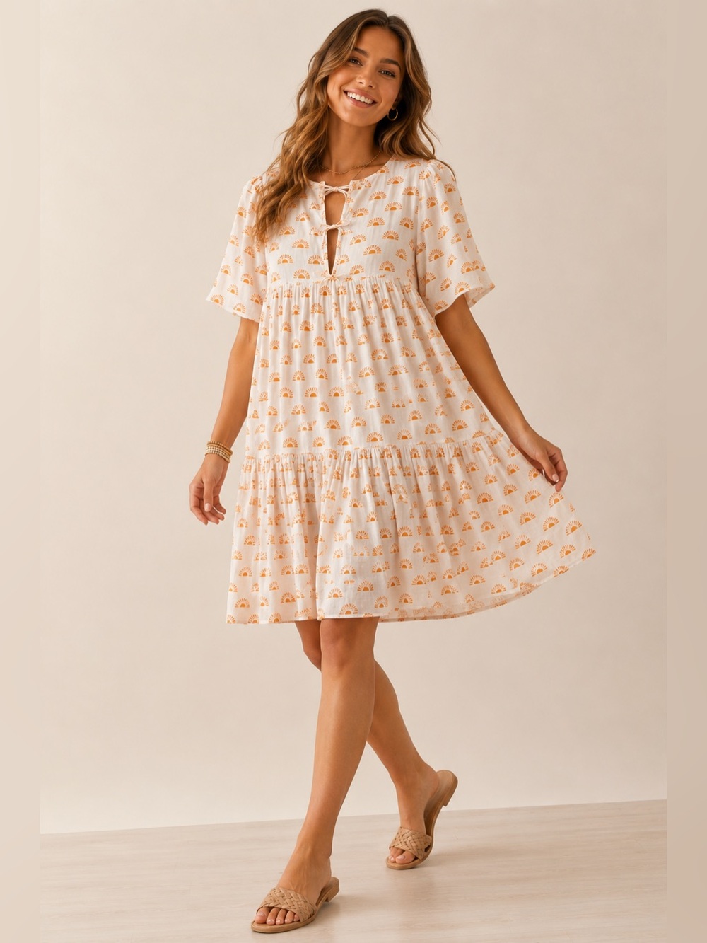 SOHANA Sunshine Tie Front Swing Dress‎ in White and Orange - M